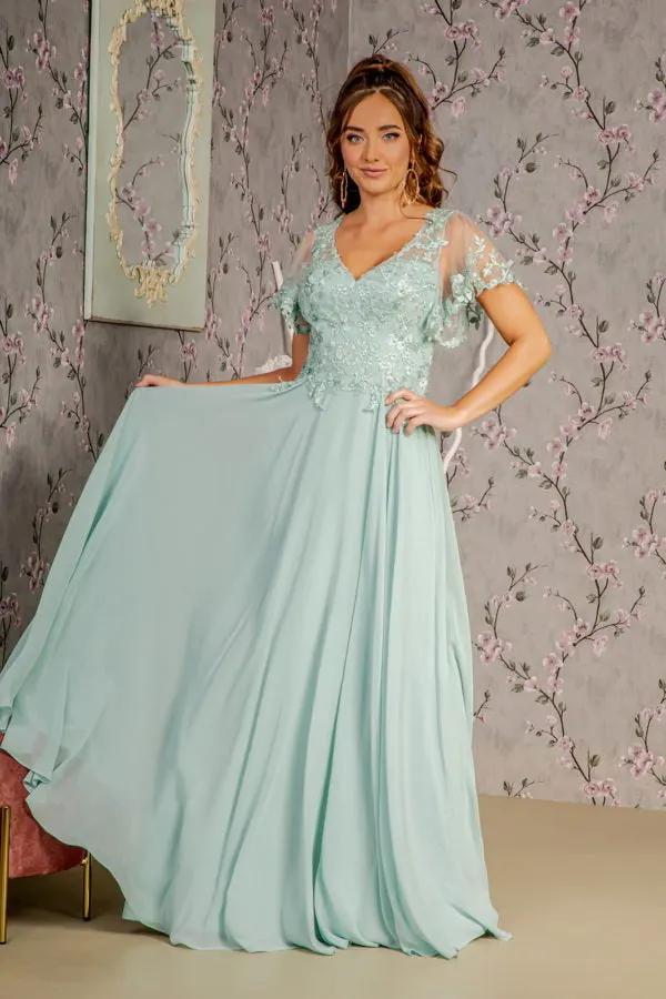 3-D Flower Embroidery Chiffon A-line Long Dress w/ Sheer Short Sleeves by Tux-USA
