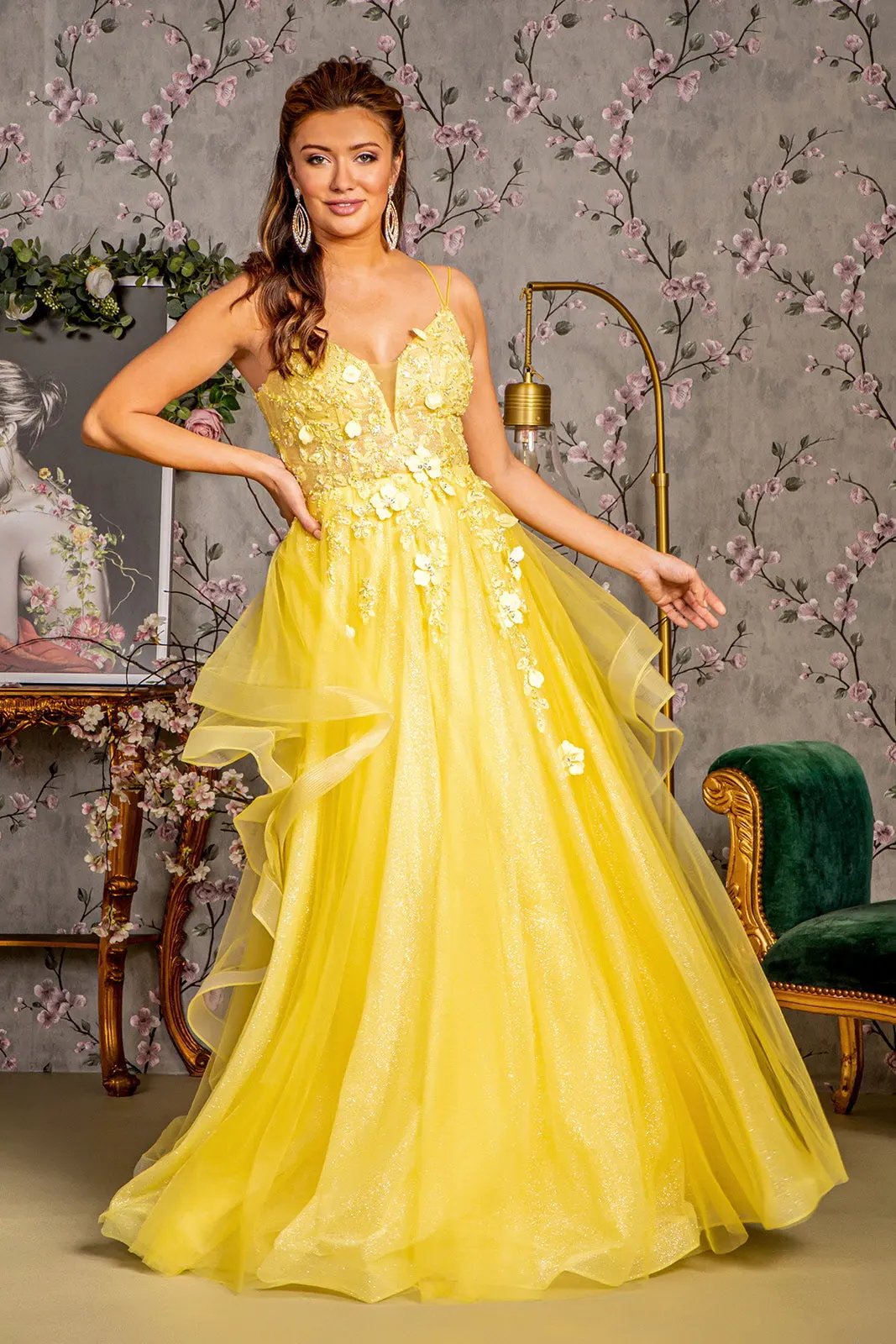 Bead Sequin Mesh A-line Long Dress w/ Ruffled Layered Back by Tux-USA