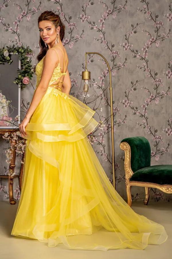 Bead Sequin Mesh A-line Long Dress w/ Ruffled Layered Back by Tux-USA