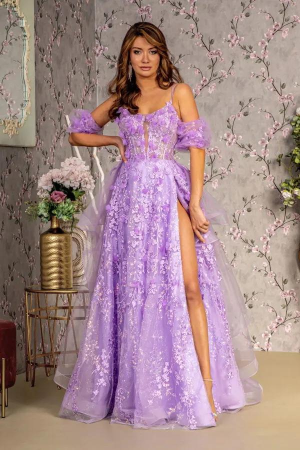 3-D Flower Puff Sleeves Mesh A-line Long Dress w/ Detachable Waist Drape by Tux-USA