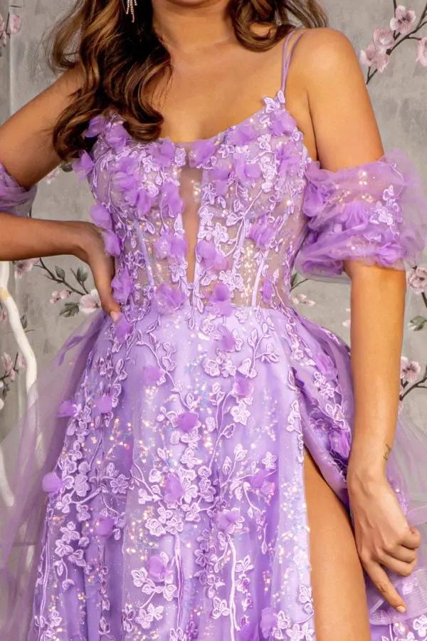 3-D Flower Puff Sleeves Mesh A-line Long Dress w/ Detachable Waist Drape by Tux-USA
