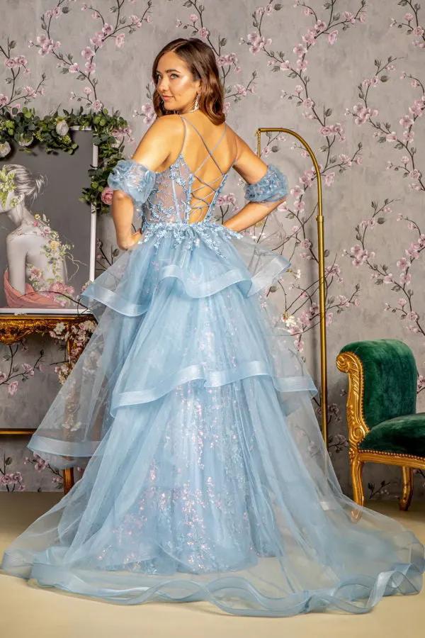 3-D Flower Puff Sleeves Mesh A-line Long Dress w/ Detachable Waist Drape by Tux-USA