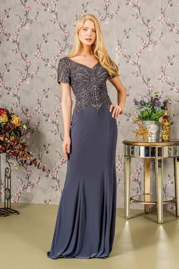 Embroidery Bead Sheer Back Rome Jersey Mermaid Long Dress by Tux-USA