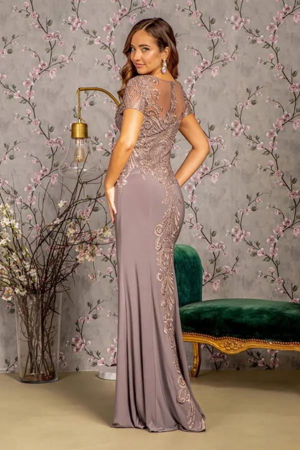 Embroidery Bead Sheer Back Rome Jersey Mermaid Long Dress by Tux-USA