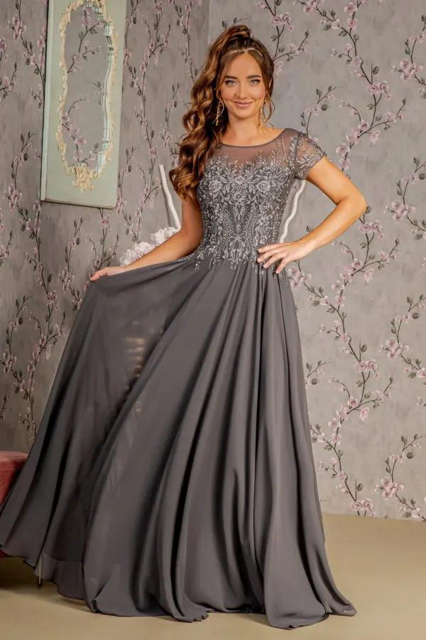 Bead Embroidery Sheer Neckline Chiffon A-line Long Dress by Tux-USA