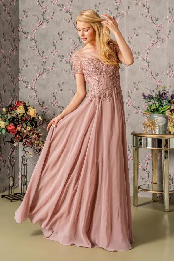 Bead Embroidery Sheer Neckline Chiffon A-line Long Dress by Tux-USA