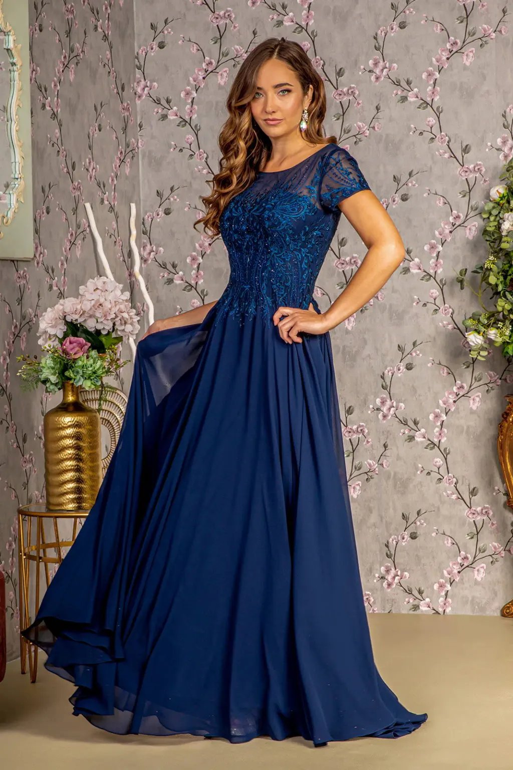 Bead Embroidery Sheer Neckline Chiffon A-line Long Dress by Tux-USA