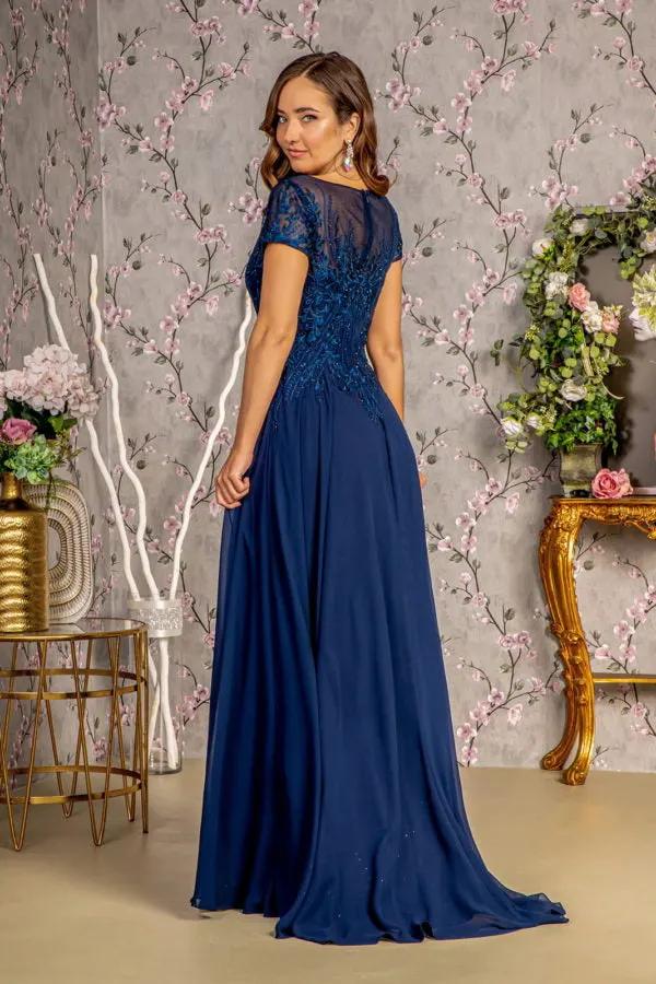 Bead Embroidery Sheer Neckline Chiffon A-line Long Dress by Tux-USA