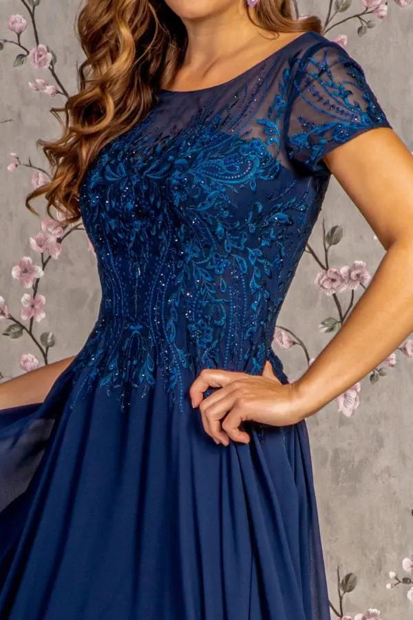 Bead Embroidery Sheer Neckline Chiffon A-line Long Dress by Tux-USA