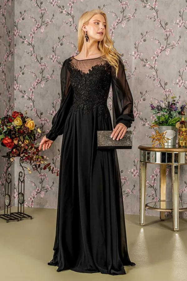 Floral Embroidery Sheer Boat Neckline Chiffon A-line Long Dress by Tux-USA