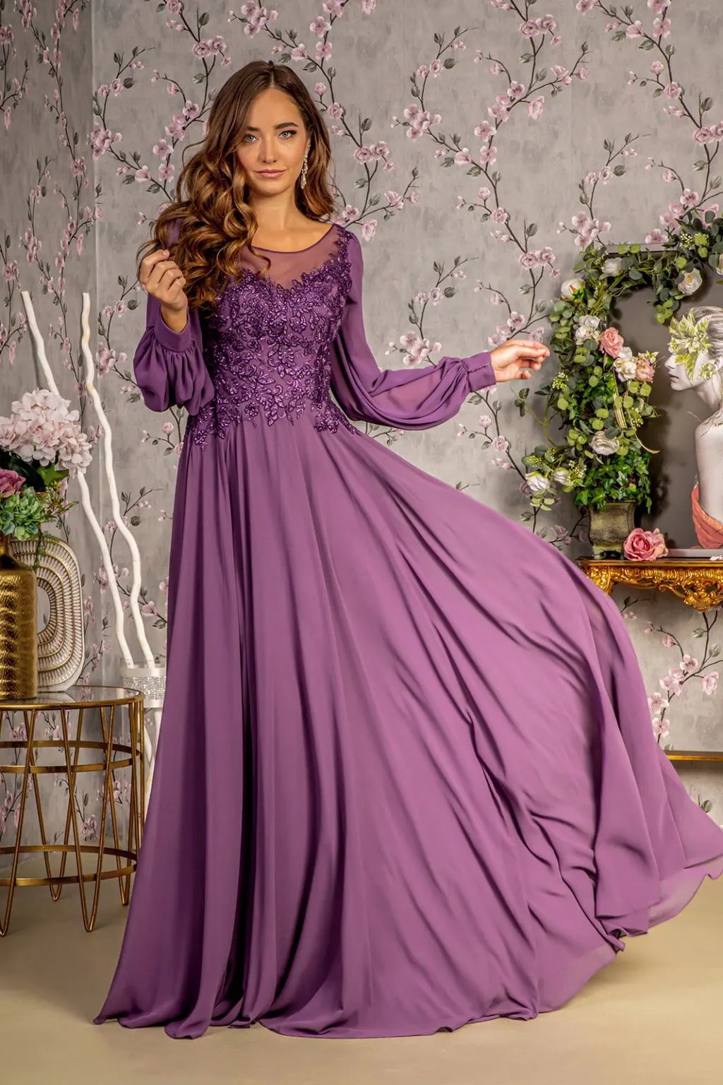 Floral Embroidery Sheer Boat Neckline Chiffon A-line Long Dress by Tux-USA