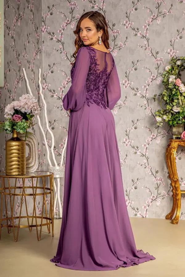 Floral Embroidery Sheer Boat Neckline Chiffon A-line Long Dress by Tux-USA