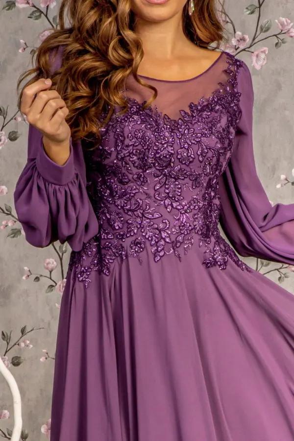 Floral Embroidery Sheer Boat Neckline Chiffon A-line Long Dress by Tux-USA