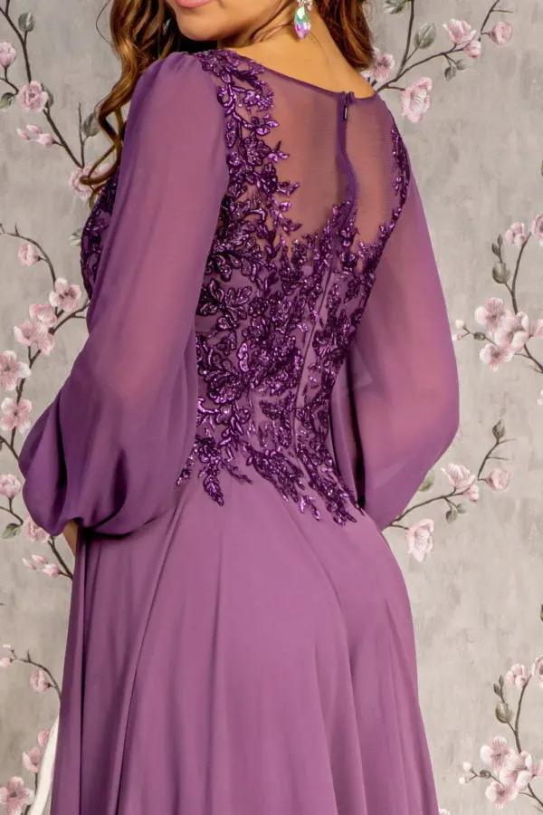 Floral Embroidery Sheer Boat Neckline Chiffon A-line Long Dress by Tux-USA