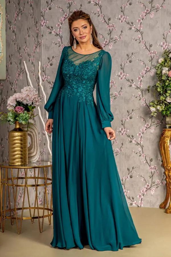 Floral Embroidery Sheer Boat Neckline Chiffon A-line Long Dress by Tux-USA