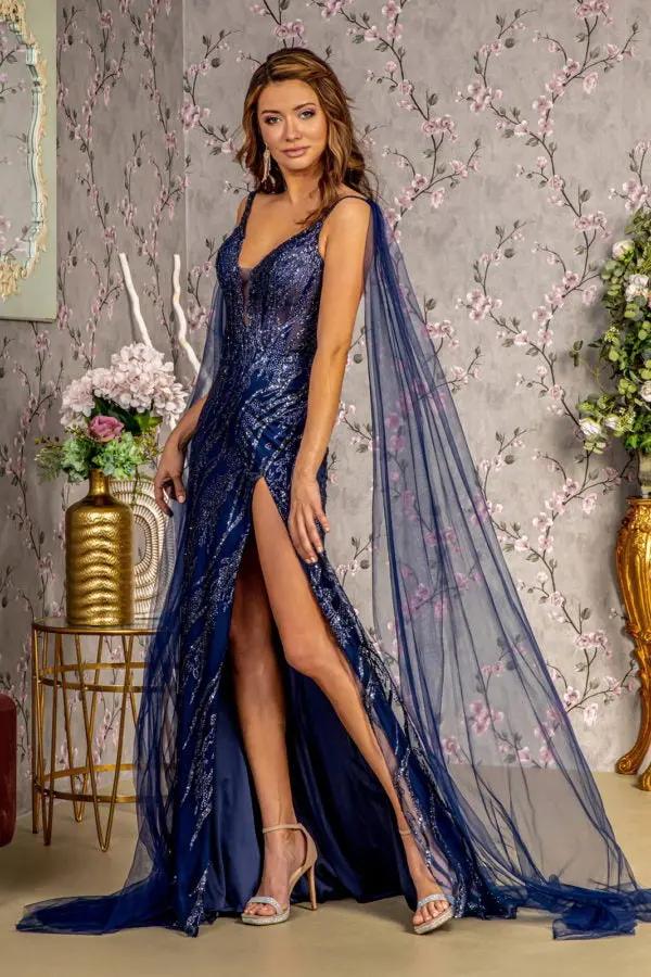 Glitter Sequin Mermaid Mesh Long Dress w/ Detachable Side Mesh Drapes by Tux-USA
