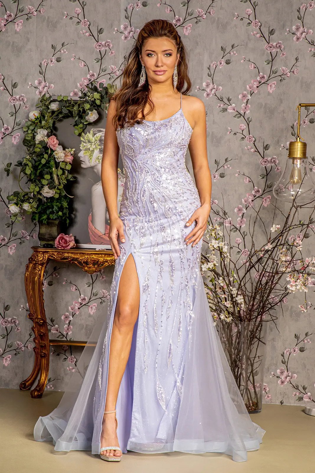 Metallic Embroidery Mesh Trumpet Long Dress w/ Side Slit by Tux-USA