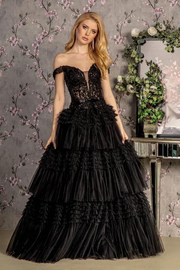 3-D Flower Off Shoulder Mesh A-line Long Dress w/ Ribbon waist Band by Tux-USA