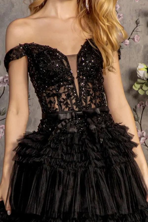 3-D Flower Off Shoulder Mesh A-line Long Dress w/ Ribbon waist Band by Tux-USA