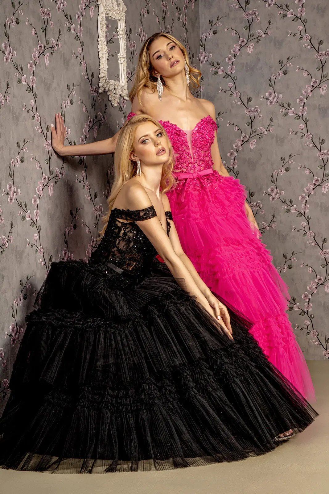 3-D Flower Off Shoulder Mesh A-line Long Dress w/ Ribbon waist Band by Tux-USA