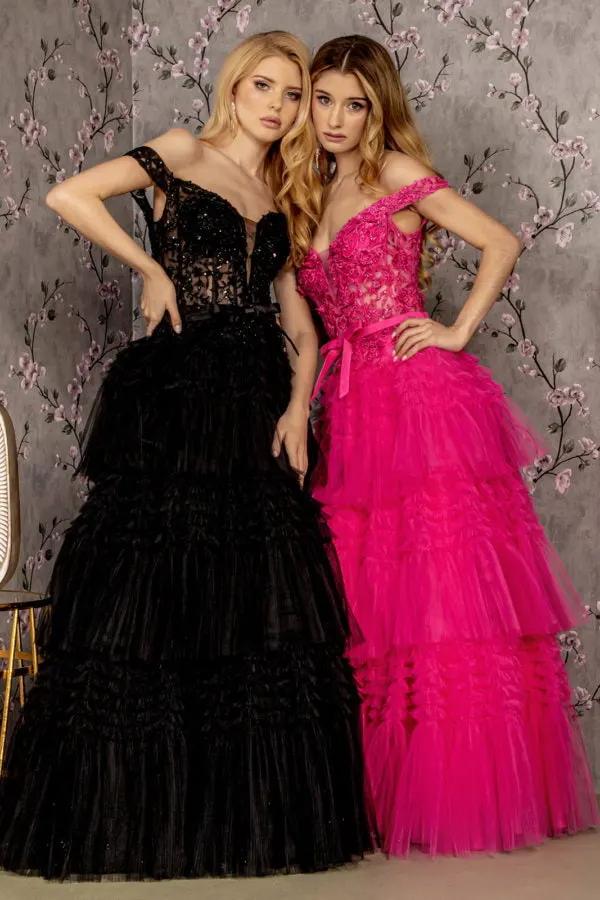3-D Flower Off Shoulder Mesh A-line Long Dress w/ Ribbon waist Band by Tux-USA