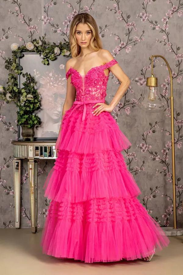 3-D Flower Off Shoulder Mesh A-line Long Dress w/ Ribbon waist Band by Tux-USA