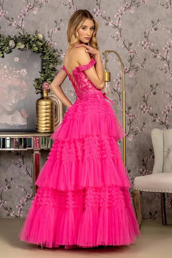 3-D Flower Off Shoulder Mesh A-line Long Dress w/ Ribbon waist Band by Tux-USA
