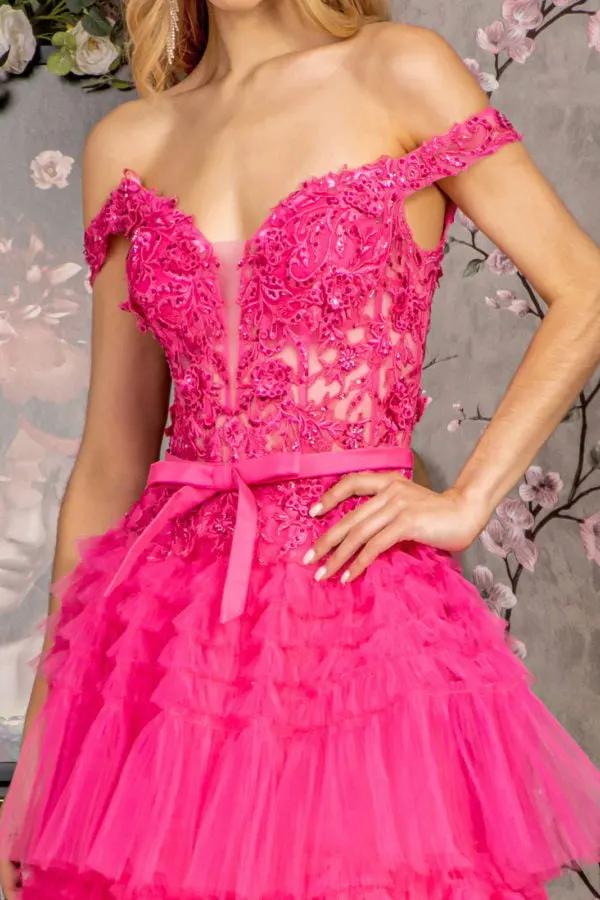 3-D Flower Off Shoulder Mesh A-line Long Dress w/ Ribbon waist Band by Tux-USA