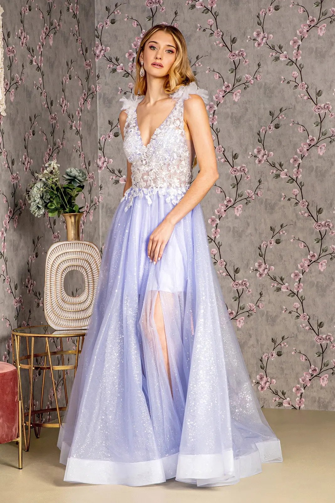 3-D Flower Sheer Bodice V-back Mesh A-line Long Dress by Tux-USA