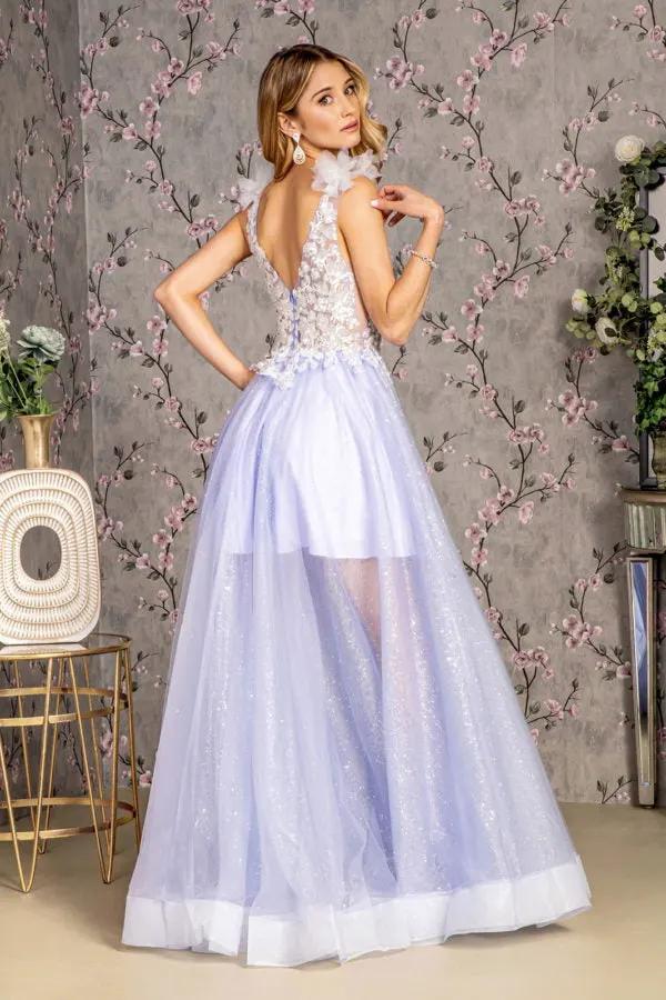 3-D Flower Sheer Bodice V-back Mesh A-line Long Dress by Tux-USA