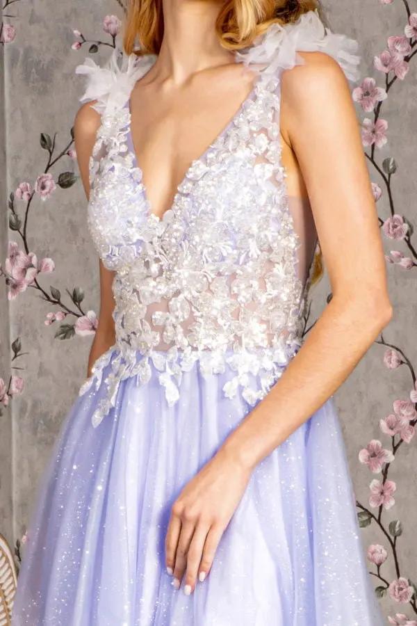 3-D Flower Sheer Bodice V-back Mesh A-line Long Dress by Tux-USA