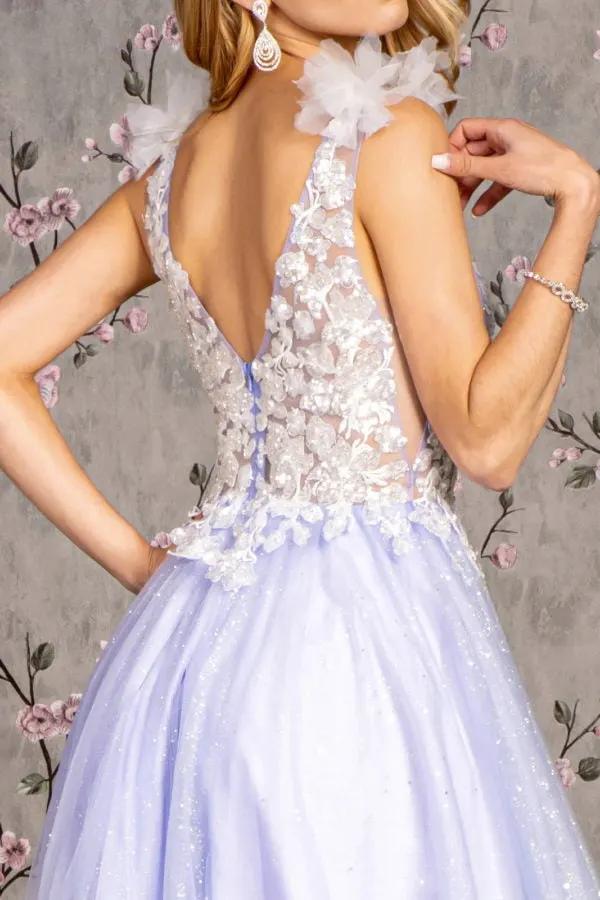 3-D Flower Sheer Bodice V-back Mesh A-line Long Dress by Tux-USA