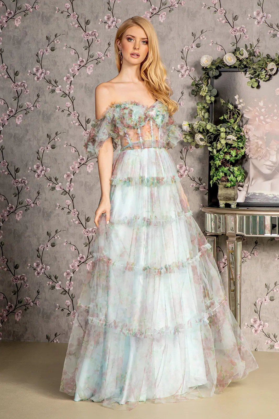 Sweetheart Off Shoulder Ruffle Mesh A-line Long Dress by Tux-USA