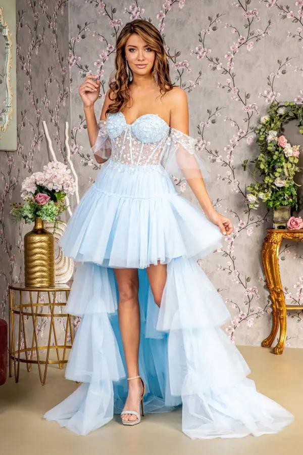 3-D Heart Applique Bead Layered Skirt Mesh A-line Long Dress by Tux-USA