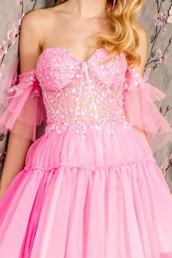 3-D Heart Applique Bead Layered Skirt Mesh A-line Long Dress by Tux-USA