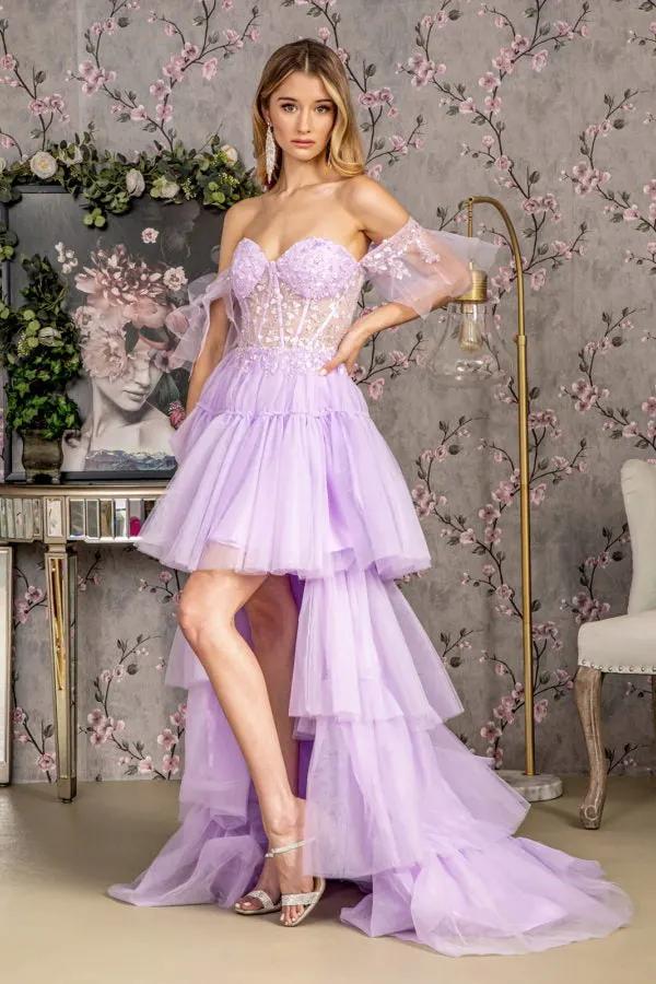 3-D Heart Applique Bead Layered Skirt Mesh A-line Long Dress by Tux-USA
