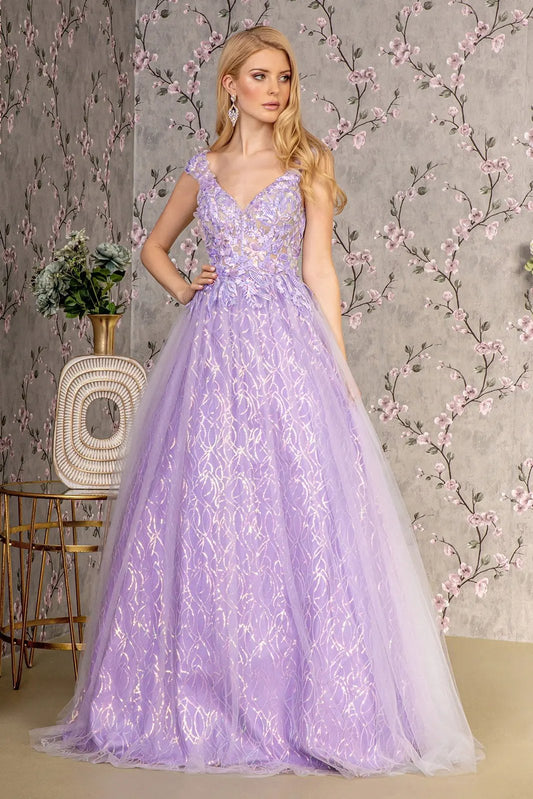 Embroidery V-neck Sheer Bodice Mesh A-line Long Dress by Tux-USA