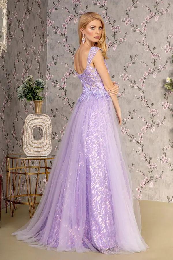 Embroidery V-neck Sheer Bodice Mesh A-line Long Dress by Tux-USA