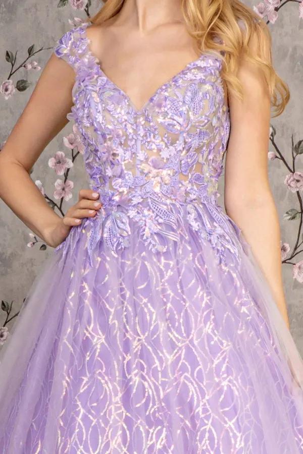 Embroidery V-neck Sheer Bodice Mesh A-line Long Dress by Tux-USA