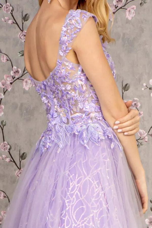 Embroidery V-neck Sheer Bodice Mesh A-line Long Dress by Tux-USA