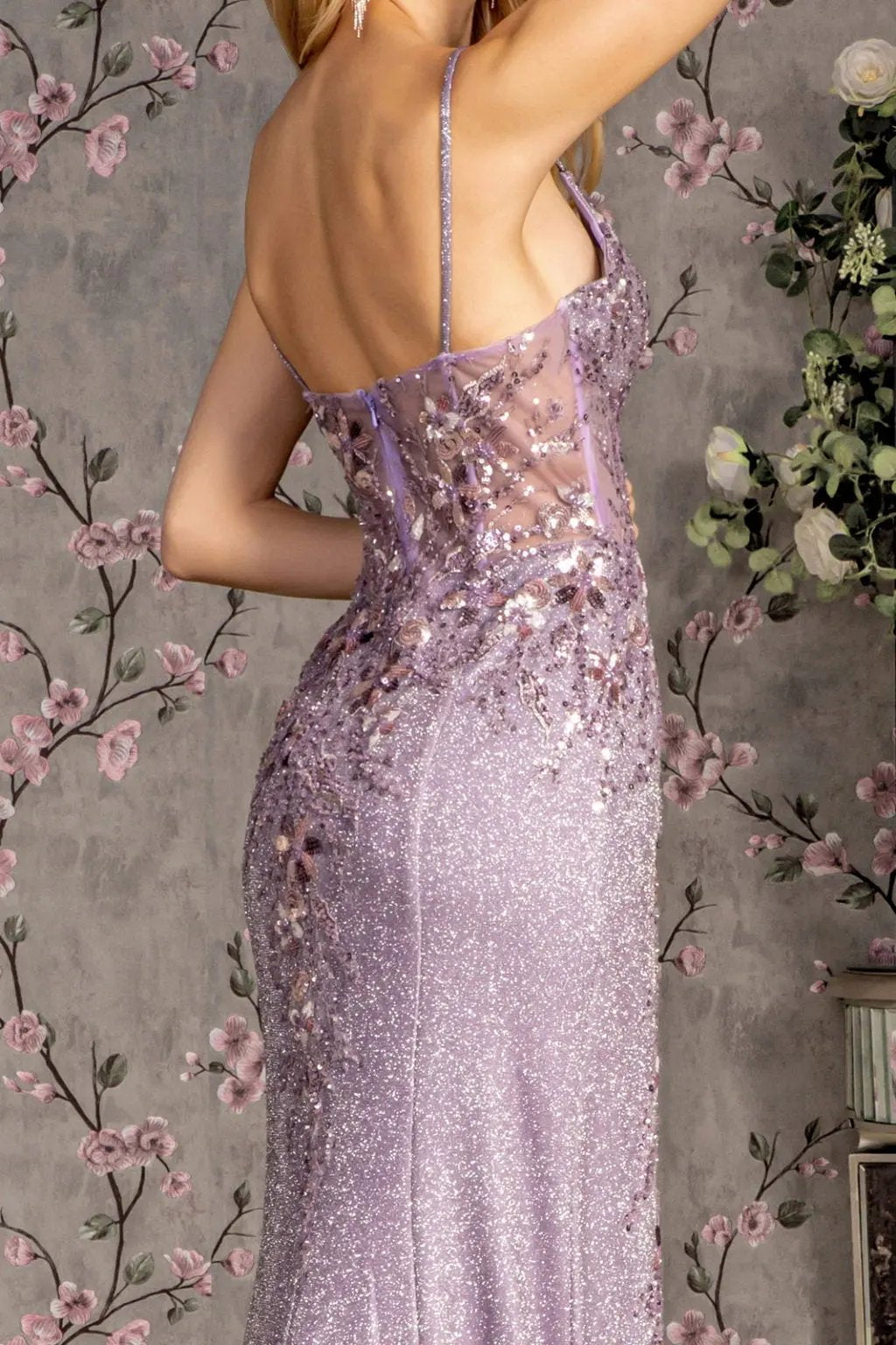 Bead Embroidery Sheer Bodice Glitter Crepe Mermaid Long Dress by Tux-USA