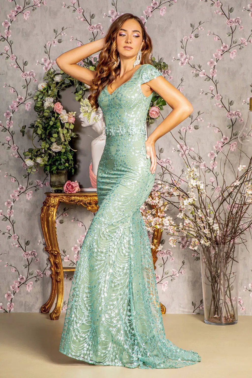 3-D Flower Glitter Sheer Neckline Mesh Mermaid Long Dress by Tux-USA