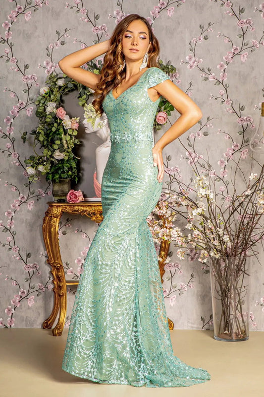 3-D Flower Glitter Sheer Neckline Mesh Mermaid Long Dress by Tux-USA