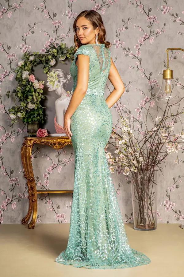 3-D Flower Glitter Sheer Neckline Mesh Mermaid Long Dress by Tux-USA