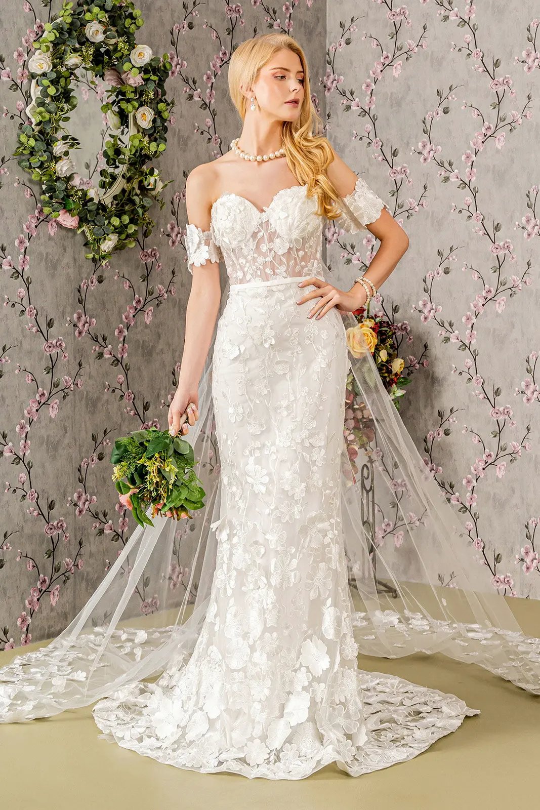 Floral Embroidery Mesh Mermaid Wedding Gown w/ Long Back Drape by Tux-USA