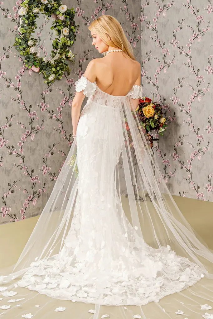 Floral Embroidery Mesh Mermaid Wedding Gown w/ Long Back Drape by Tux-USA