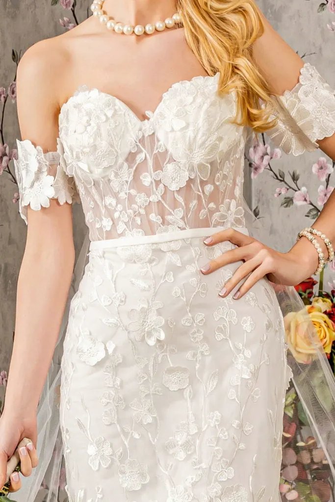 Floral Embroidery Mesh Mermaid Wedding Gown w/ Long Back Drape by Tux-USA