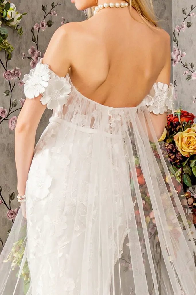 Floral Embroidery Mesh Mermaid Wedding Gown w/ Long Back Drape by Tux-USA