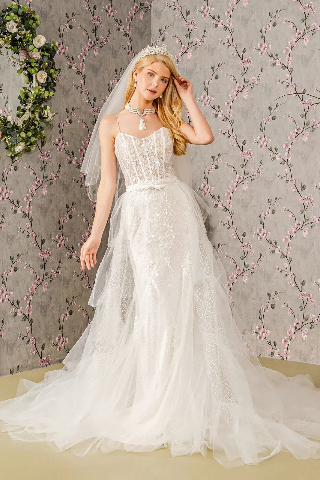 Embroidery Bead Mesh Mermaid Wedding Gown w/ Mesh Long Cape by Tux-USA
