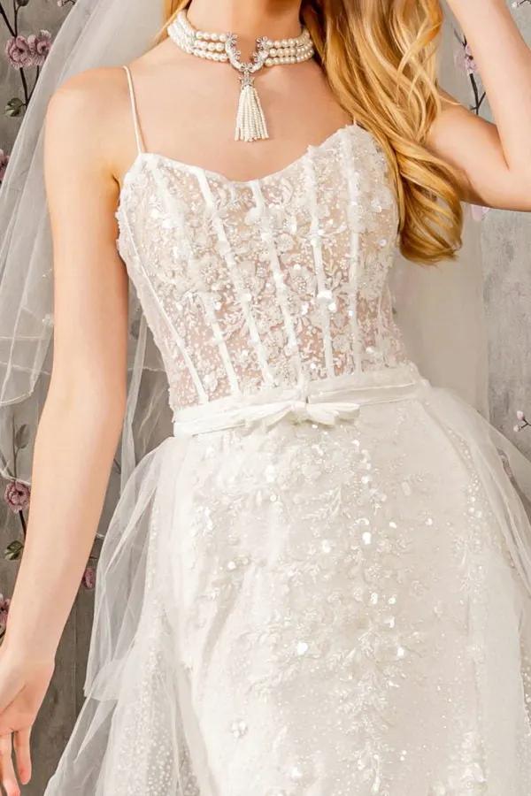 Embroidery Bead Mesh Mermaid Wedding Gown w/ Mesh Long Cape by Tux-USA
